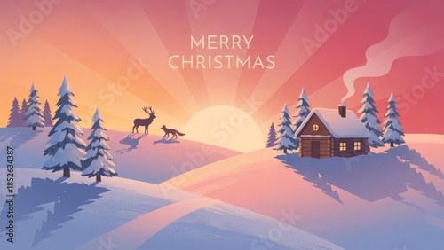 Peaceful Winter Christmas Landscape With Snowy Cabin and Reindeer.