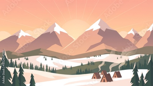 Winter Mountain Village Scene with Tents and Forest.