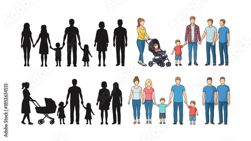 Diverse Family Silhouettes with Children and Adults.