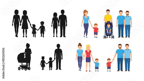 Family Silhouettes with Children and Parents.