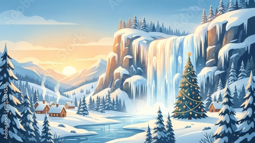 Serene Winter Landscape with Snowy Mountains and Waterfall.
