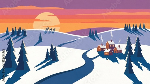 Snowy Valley Village at Sunset with Pine Forest.