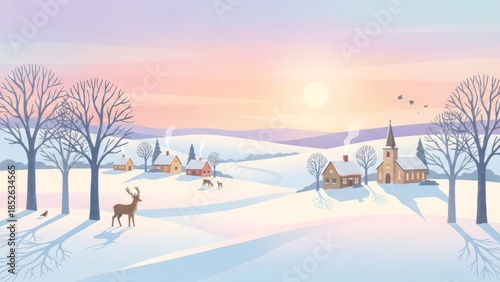 Winter Village Scene with Deer and Sunset.