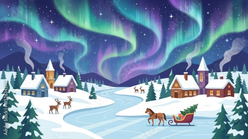 Aurora Borealis Over Snowy Village with Sleigh Ride.
