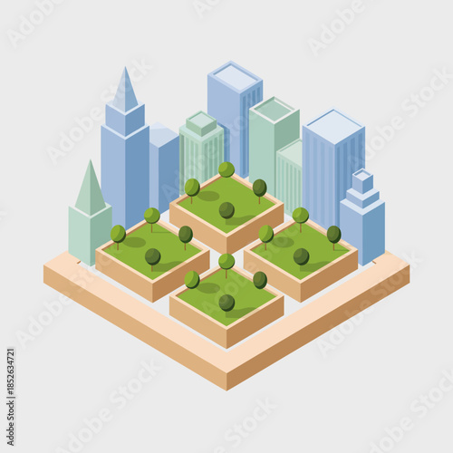 Modern cityscape with green parks and highrise buildings