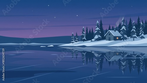 Wallpaper Mural Tranquil Winter Lakefront Cabin Under Night Sky. Torontodigital.ca