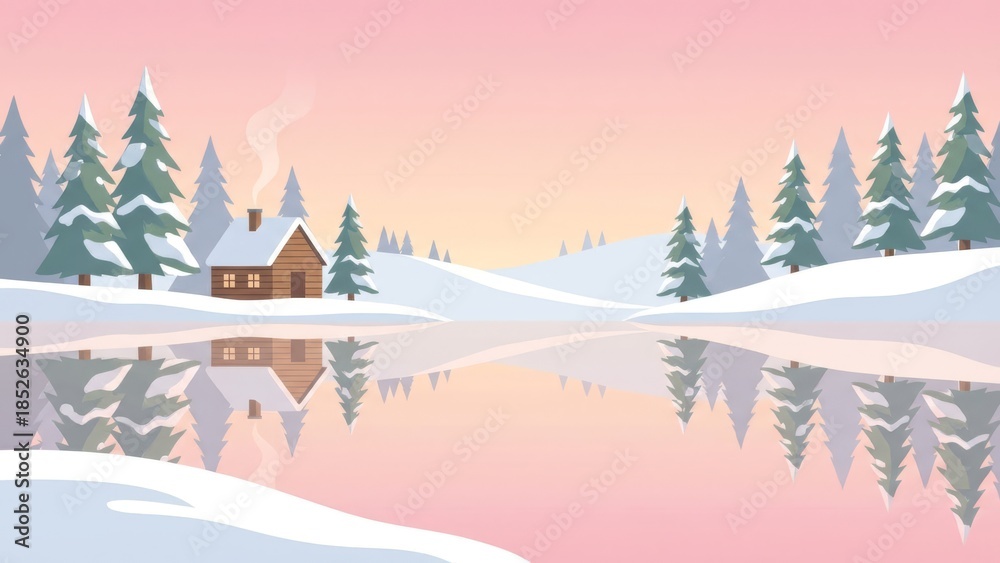 Fototapeta premium Cozy Winter Cabin By Calm Reflective Lake At Sunset.