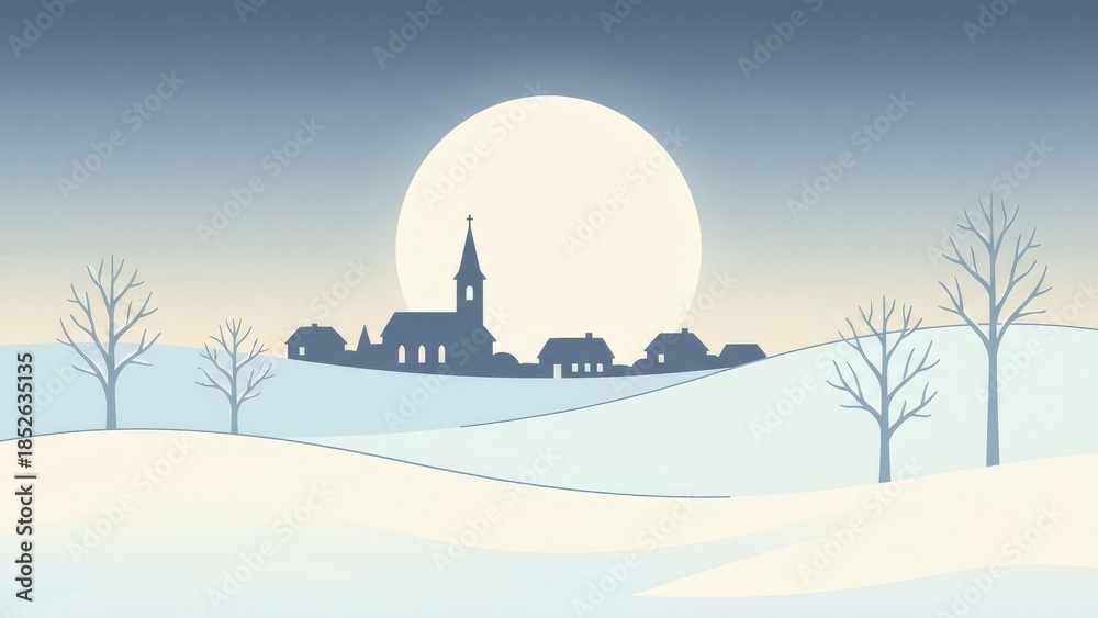Obraz premium Quiet Winter Village Silhouettes Under a Large Sun.