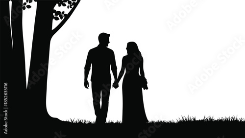 Romantic Silhouette of Couple Walking in Nature