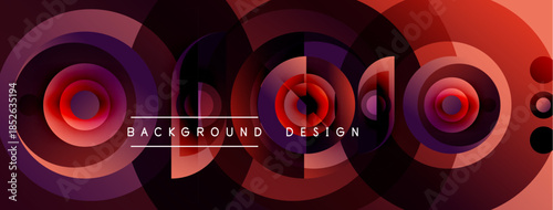 Abstract concentric circles create dynamic visual effect. Red, purple, silver hues blend seamlessly. Text reads background design.