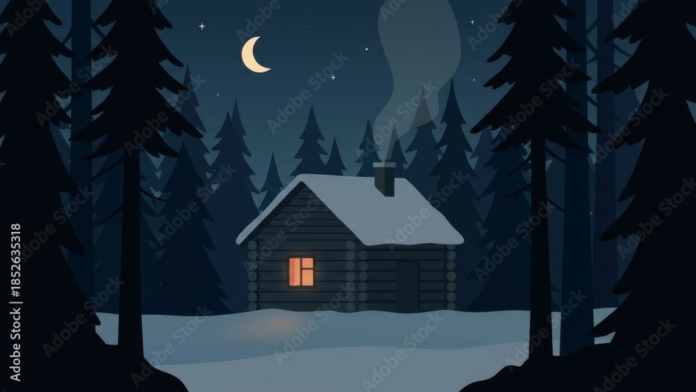 Fototapeta premium Cozy Winter Cabin Hidden in Snowy Forest at Night.