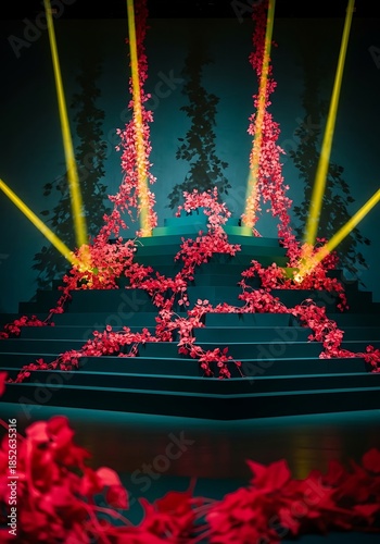 Wallpaper Mural Stairway bedecked with scarlet blossoms and bathed in golden light beams Torontodigital.ca