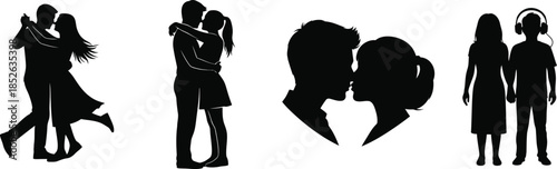 Black silhouettes of couples in various romantic poses and interactions