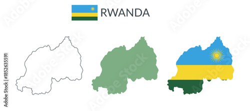 Rwanda geographical borders isolated on white background. Flag of Rwanda. Vector flat cliparts.