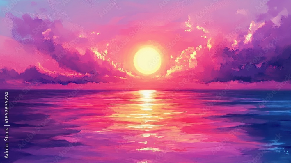 Fototapeta premium Vibrant sunset over serene ocean waters with pink purple hues and fluffy clouds