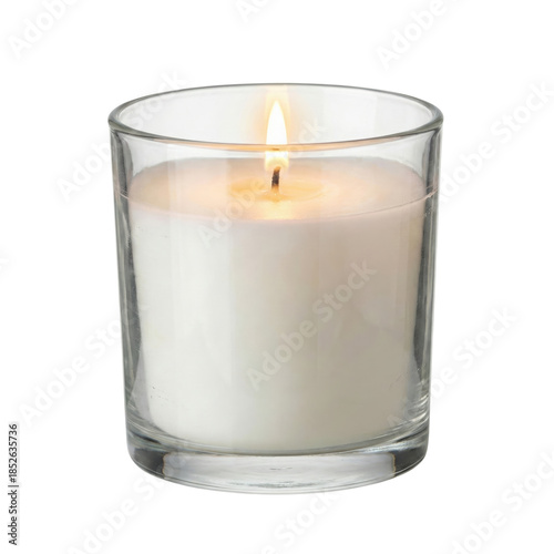 Obraz na plátně Lit white wax candle in glass holder on transparent background