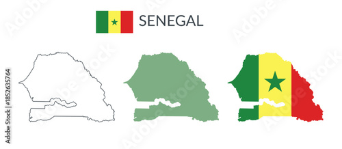 Senegal geographical borders isolated on white background. Flag of Senegal. Vector flat cliparts.