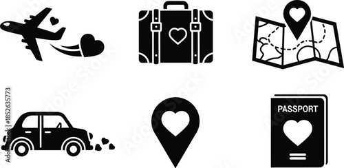 Travel Icons with Hearts for Romantic Getaways and Adventures