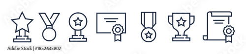 Achievement and award icons set representing success, recognition, and excellence with symbols like star trophies, medals, and certificates for various accomplishments