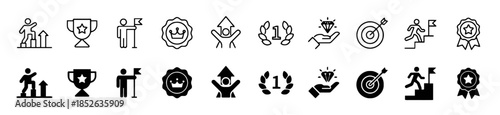 Achievement icon set for business depicts success motivation and goals with themes like climbing stairs winning trophy earning rewards targeting excellence in diverse fields