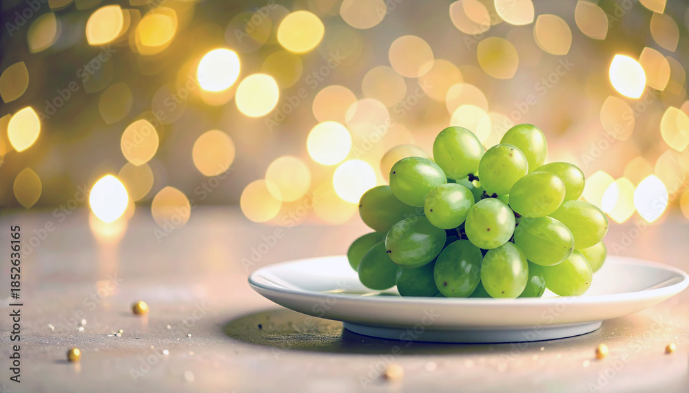 Obraz premium Uvas verdes frescas sobre fondo navideño elegante símbolo tradicional de la Nochevieja española de fin de año para celebrar el Año Nuevo y la buena suerte, con espacio para texto de felicitacion