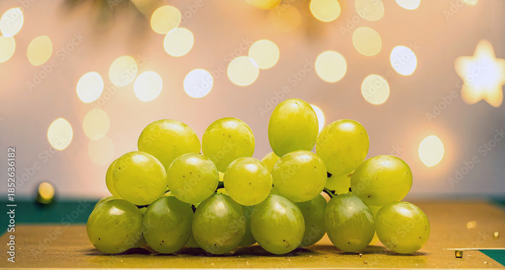 Obraz premium Uvas verdes frescas sobre fondo navideño elegante símbolo tradicional de la Nochevieja española de fin de año para celebrar el Año Nuevo y la buena suerte, con espacio para texto de felicitacion