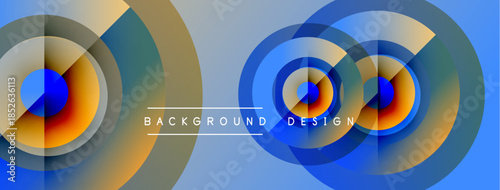 Abstract circles overlap, creating vibrant gradients. Blue, orange hues dominate design. Text reads background design. Modern aesthetic.