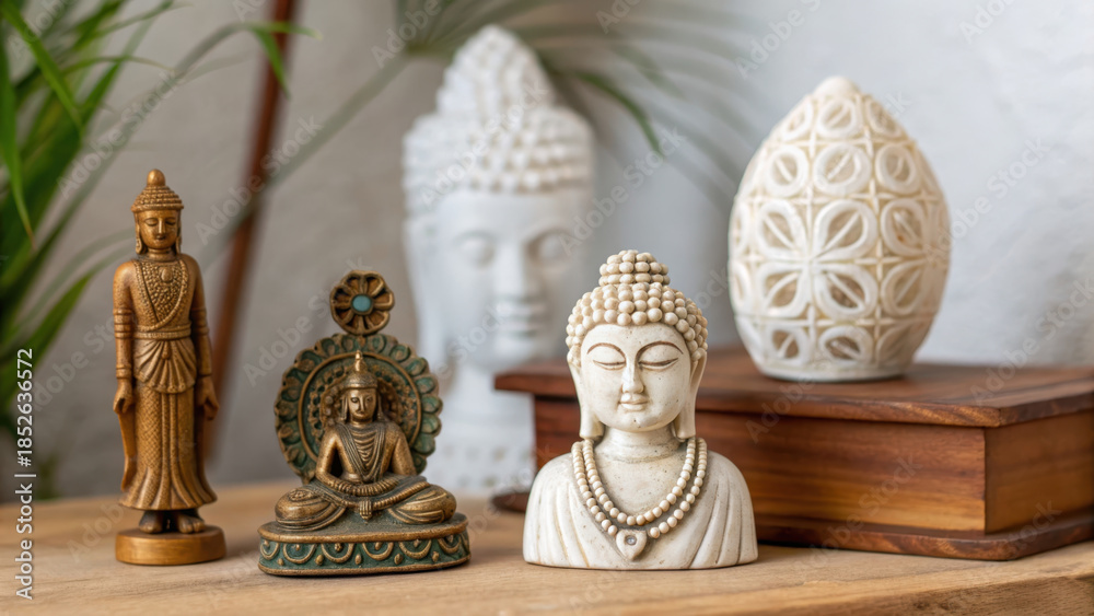 Fototapeta premium Vintage bohemian collectibles. Antique figurines on wooden table with serene expressions and cultural significance