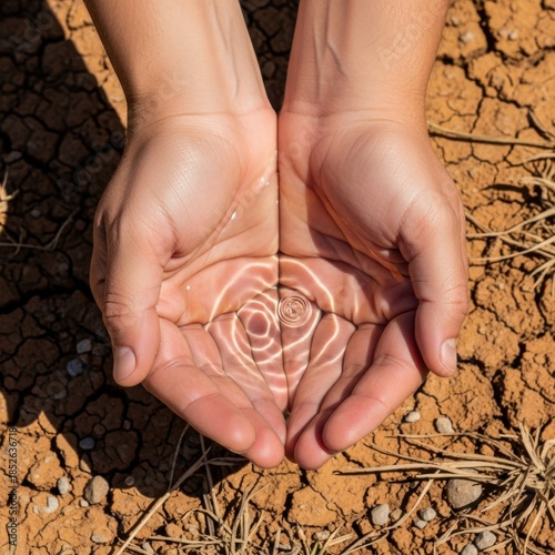Cupped hands holding precious water in arid landscape