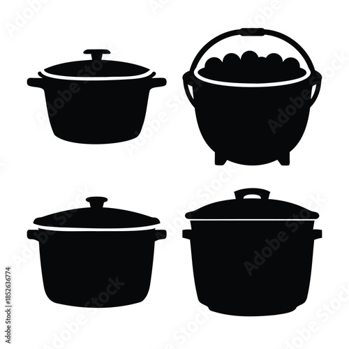 Various cooking pots and cauldron simple black icons vector