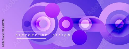 Purple abstract design features overlapping circles, gradients. Modern background with text elements, vibrant colors, dynamic composition.