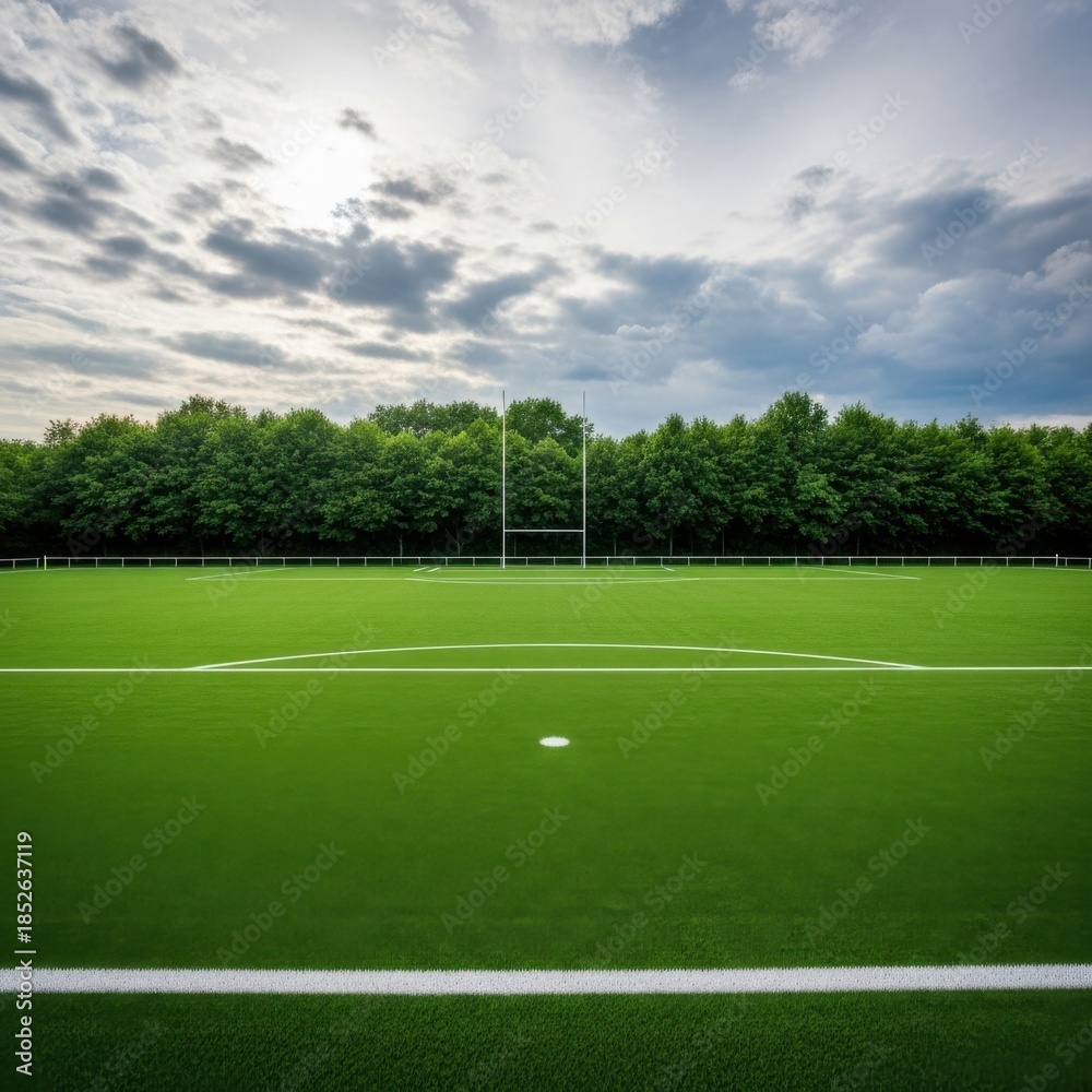 Fototapeta premium Empty green soccer field under cloudy sky