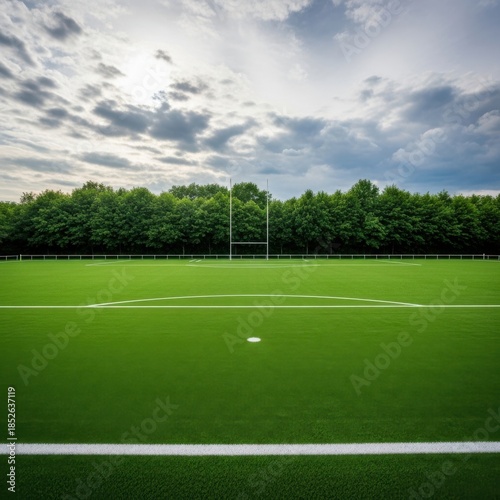 Empty green soccer field under cloudy sky