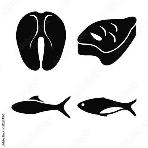 Fish and seafood icons: fillet, steak, and whole fish silhouettes