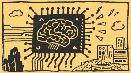 Brain chip vector illustration in black and yellow colors. Simple and modern design showcasing technological concepts and innovation.