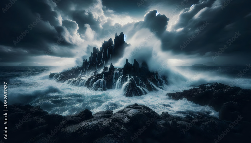 Fototapeta premium Illustration of Surreal Seascape with Jagged Rocks and Stormy Sky – Fantasy Ocean Scene