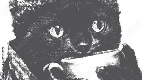 Black cat with large eyes, cozy in a hat, sipping from a teacup, captured in a monochrome style. Detailed vector illustration showcasing texture.