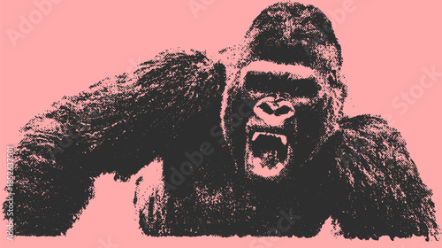 Fierce gorilla roaring in a detailed vector illustration. Black animal set on a pink background, showcasing a unique graphic art style.