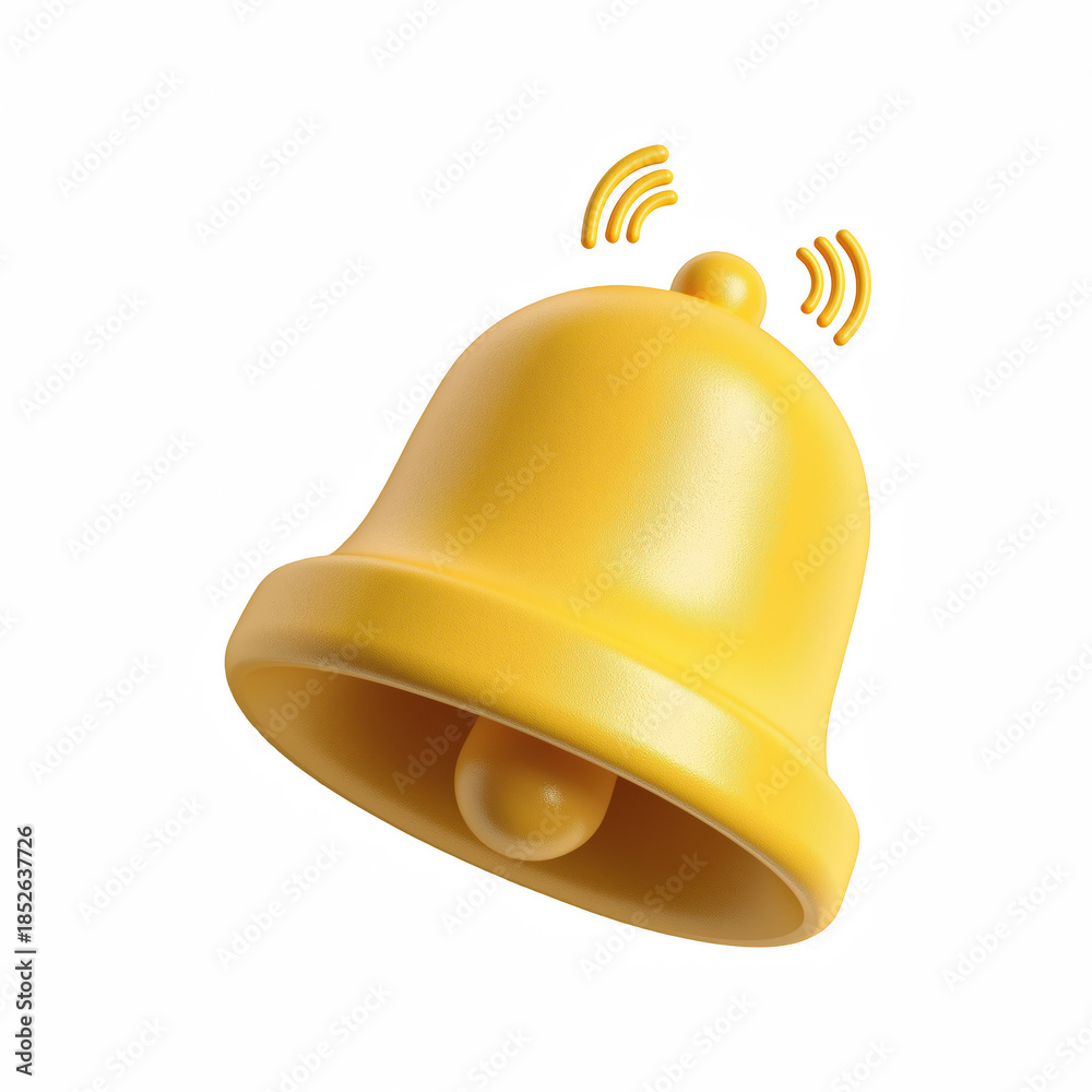 Fototapeta premium 3D cartoon yellow notification bell with sound wave alert icon isolated on transparent background.