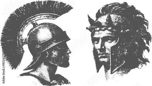 Historical warrior portrait illustrations in black and white. Detailed vector artwork showcasing a soldier and a ruler with ancient headgear in a set.