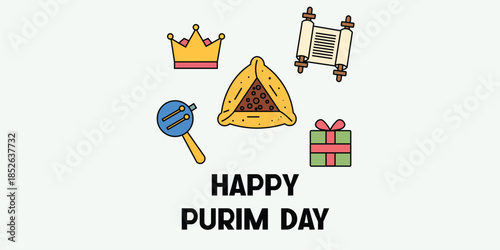 Purim Holiday Icon Set with Hamantaschen and Festive Symbols