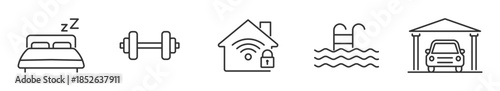 Home and Lifestyle Icon Set, Smart Home Security, Sleep and Wellness, Fitness, Swimming Pool and Garage Facilities Concept, Vector Illustration