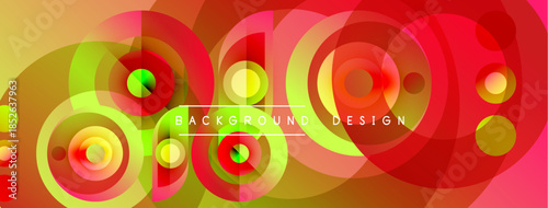 Abstract circles overlap, creating vibrant color gradients. Yellow, red, green hues blend seamlessly. Modern design element.