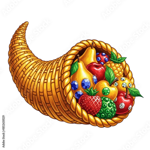 Cornucopia overflowing with colorful fruits and berries.