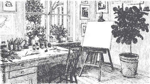 Art workspace with a desk, easel, and canvas, surrounded by tools and plants. The scene features natural light coming through a window in this vector illustration.