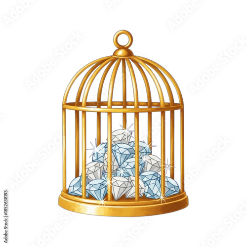 Golden birdcage filled with sparkling diamonds 1.