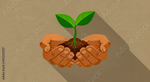 Hands nurturing a young plant with green leaves and roots