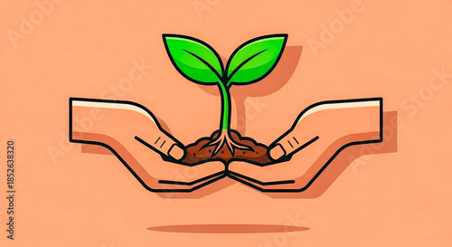 Hands nurturing a young plant with green leaves and brown soil