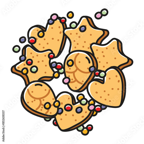 Christmas illustration with flying gingerbread cookies in the shape of a heart, pine cone and star and candies in the shape of a DNA molecule