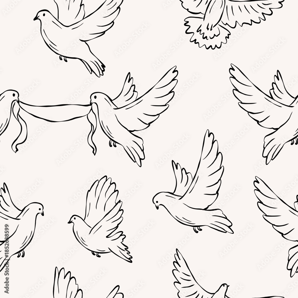 Naklejka premium Hand drawn cute doodle dove seamless pattern